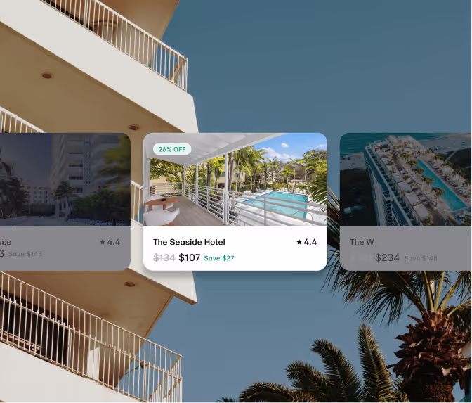 Seaside hotel in the background, and other hotel listings in the foreground