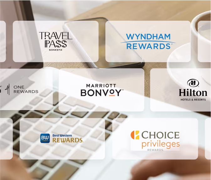 A laptop in the background and logos of companies offering rewards in the front