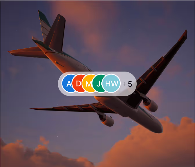 A plane in the background with user icons in the front connoting that users are traveling